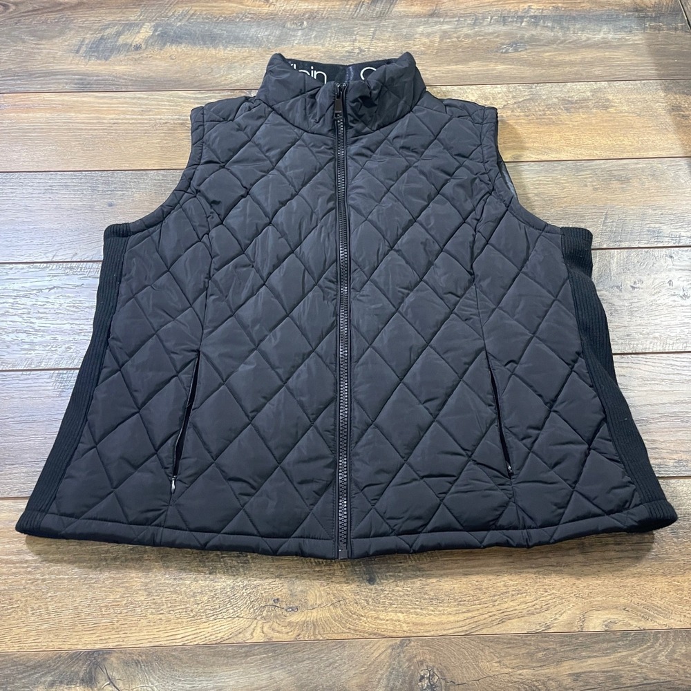 Calvin Klein Womens Black Quilted Full Zip Vest Plus Size 2X Ribbed Knit Sides